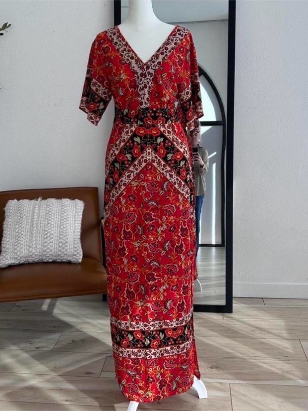 Xhilaration Red Floral V-Neck Maxi Dress with Contrast Border